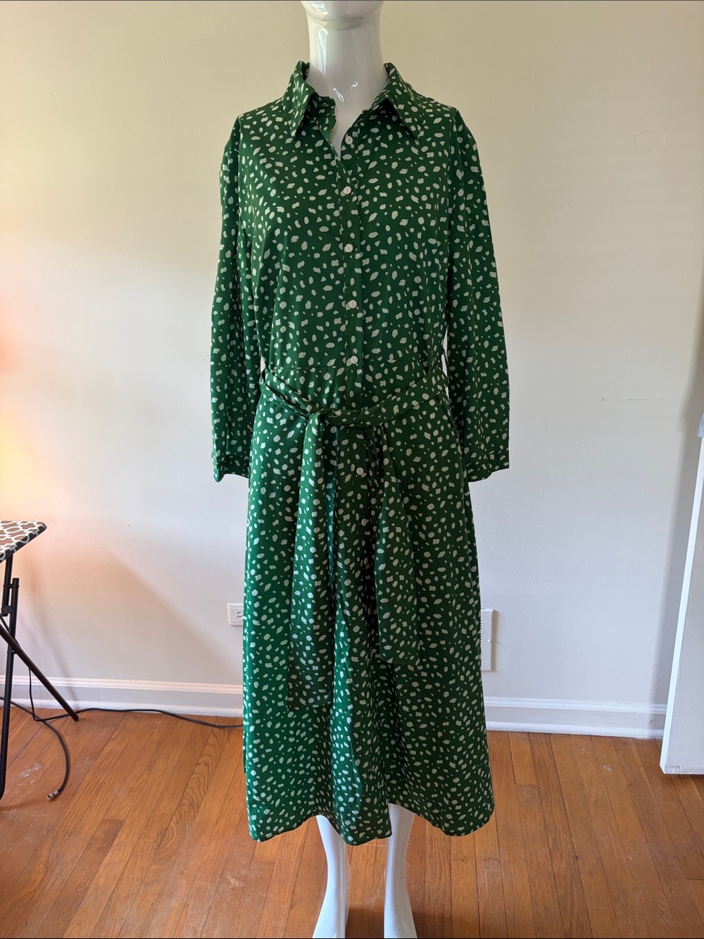 ALY DALY Green Long-Sleeve Printed Shirt Dress with Waist Tie DOT PRINT